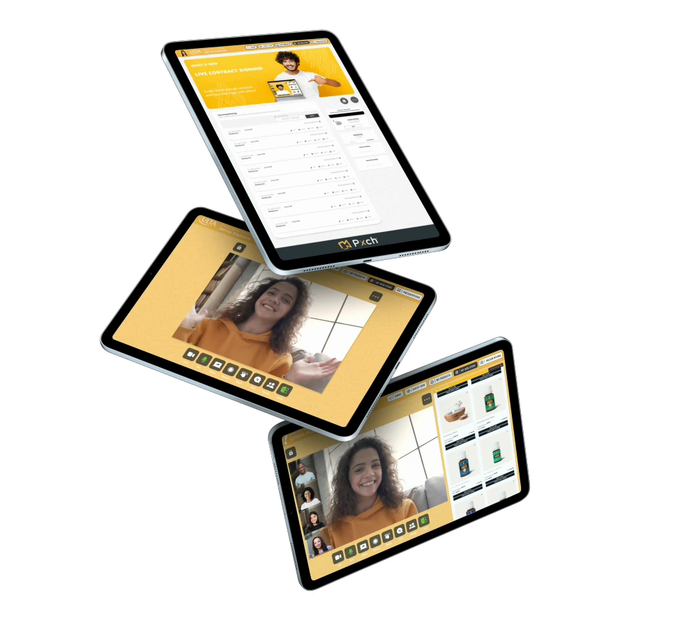 PXCH promotional illustration showing presentations, video calls and interactive websites on three tablets